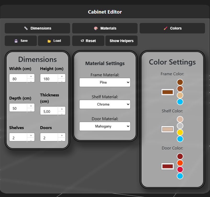 CabinetViewer Parametric Control Panel